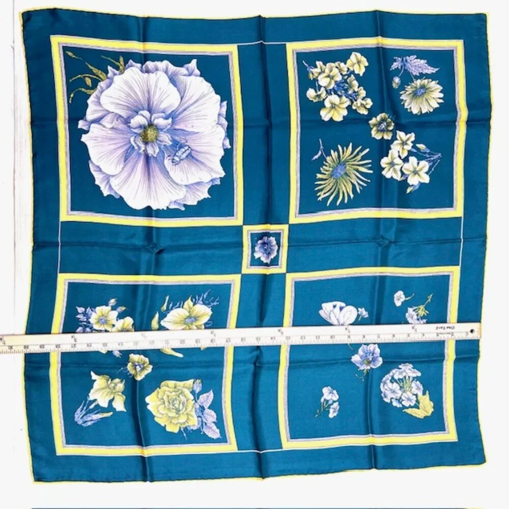 Unused Italy Scarf Franchino Silk Teal Blue Gold Purple Floral 31" x31" (23 - Picture 9 of 10